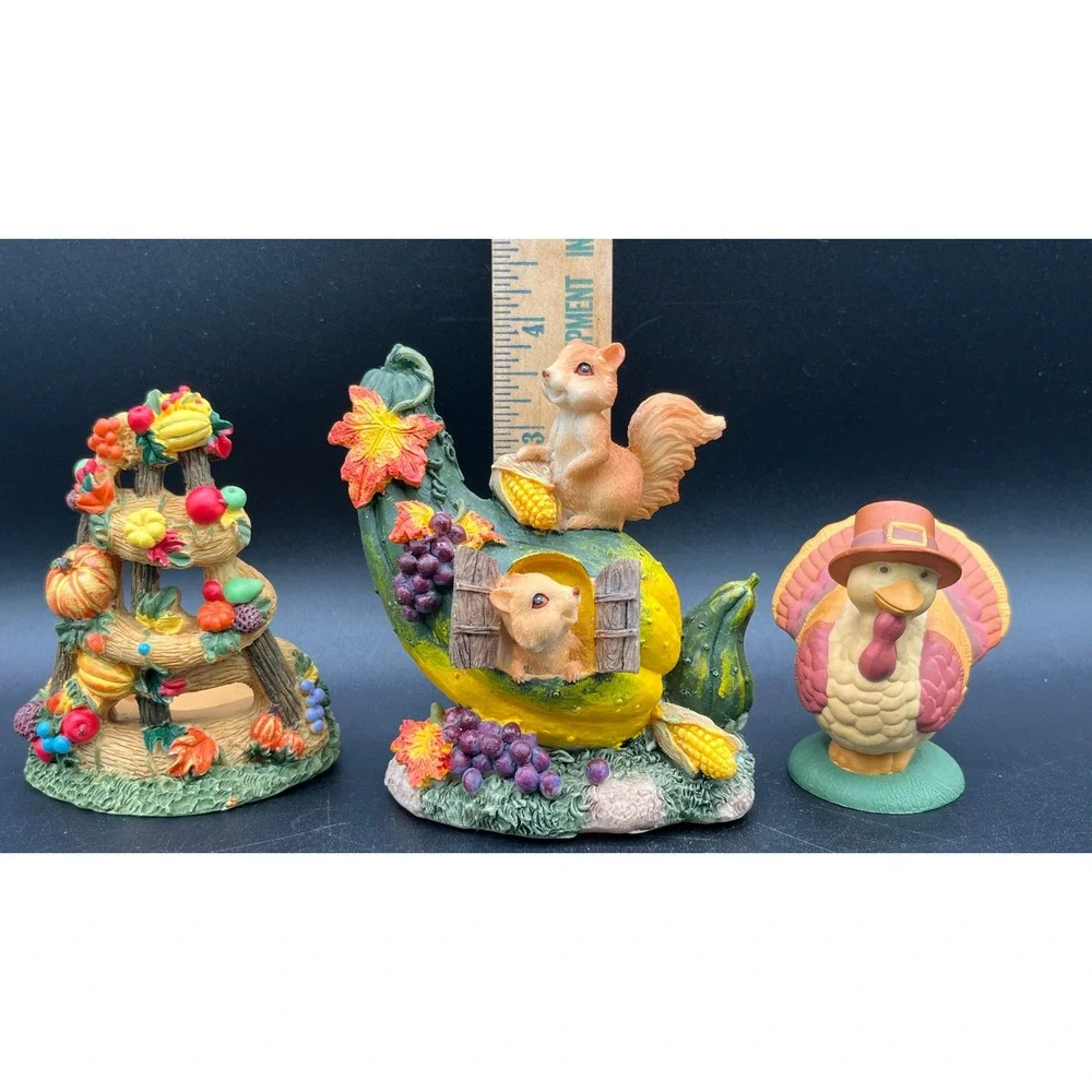 Thanksgiving Fall Decor Set Resin Squirrel Gourd Turkey Shaker Candle Holder